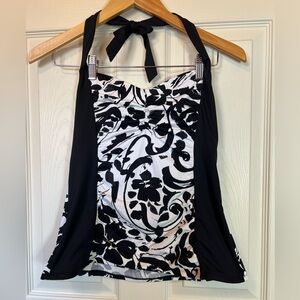 Anne Cole Signature Swim Top Halter Tankini Women's Sz M Black & White Floral